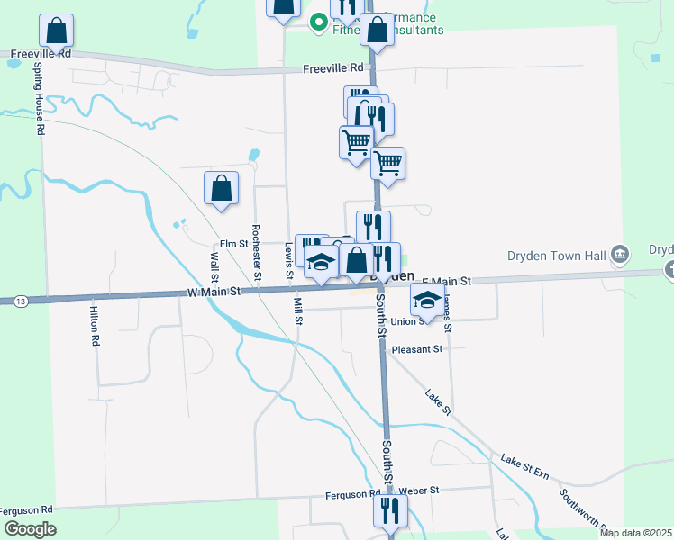 map of restaurants, bars, coffee shops, grocery stores, and more near 38 West Main Street in Dryden