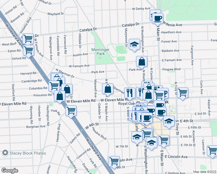 map of restaurants, bars, coffee shops, grocery stores, and more near 127 North Maple Avenue in Royal Oak
