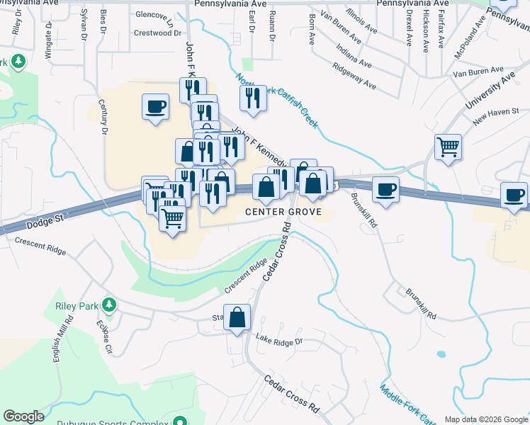 map of restaurants, bars, coffee shops, grocery stores, and more near 3350 Center Grove Drive in Dubuque