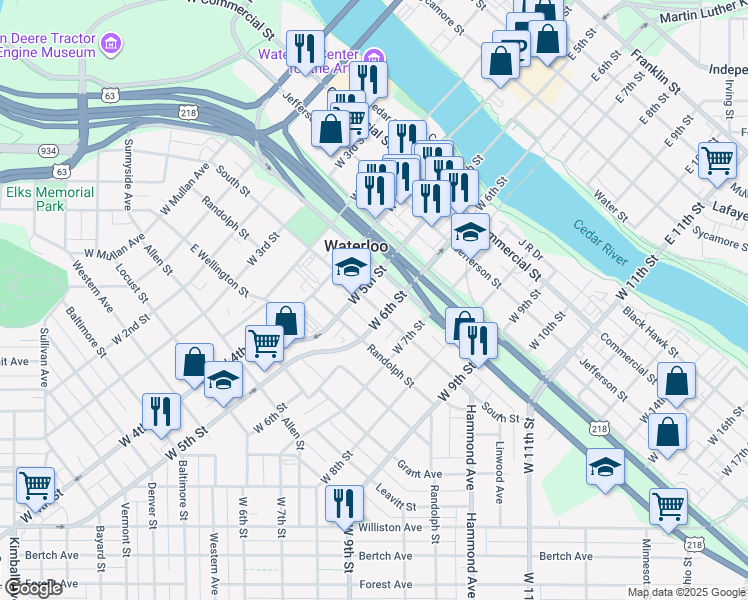 map of restaurants, bars, coffee shops, grocery stores, and more near 715 South Street in Waterloo
