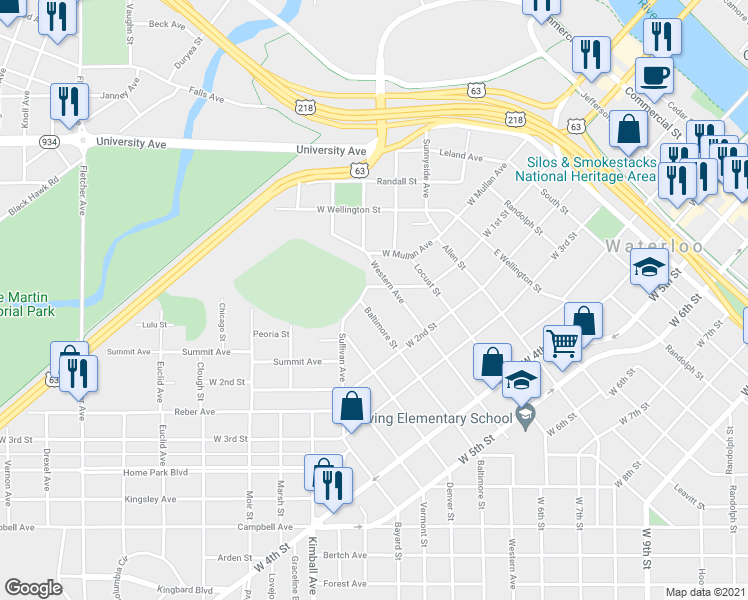 map of restaurants, bars, coffee shops, grocery stores, and more near 206 Baltimore Street in Waterloo