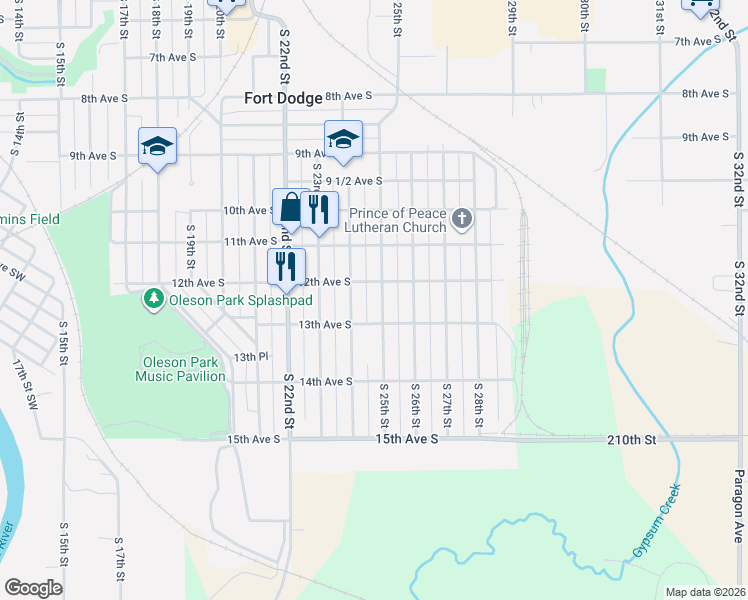 map of restaurants, bars, coffee shops, grocery stores, and more near 2448-2498 13th Avenue South in Fort Dodge