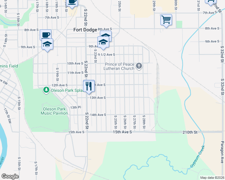 map of restaurants, bars, coffee shops, grocery stores, and more near 2448-2498 13th Avenue South in Fort Dodge