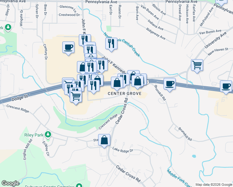 map of restaurants, bars, coffee shops, grocery stores, and more near 3350 Center Grove Drive in Dubuque