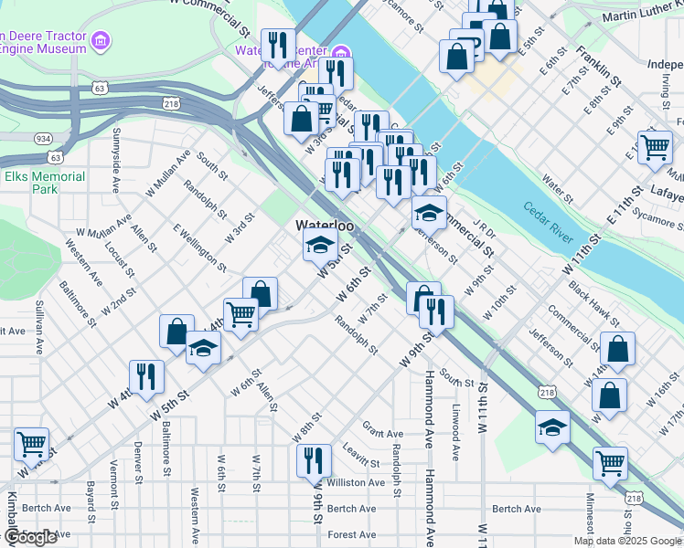 map of restaurants, bars, coffee shops, grocery stores, and more near 715 South Street in Waterloo