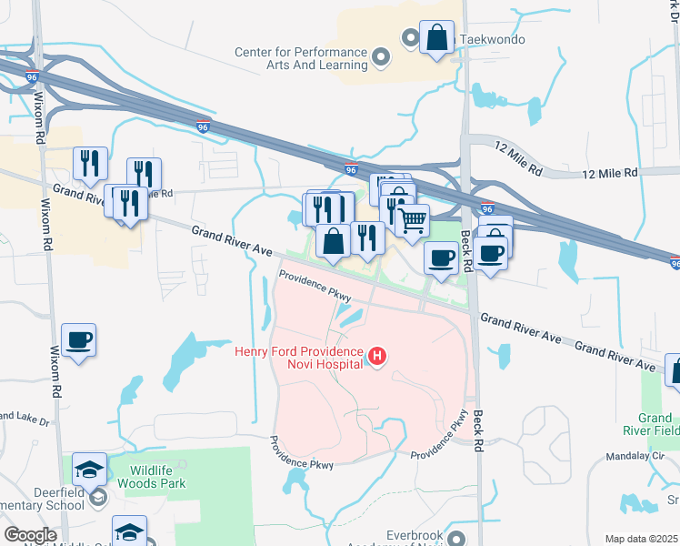 map of restaurants, bars, coffee shops, grocery stores, and more near 48165 Grand River Avenue in Novi