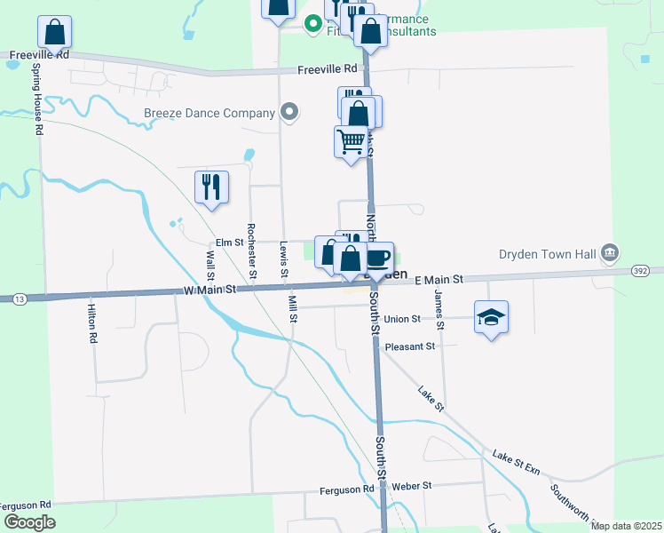 map of restaurants, bars, coffee shops, grocery stores, and more near 5 Library Street in Dryden