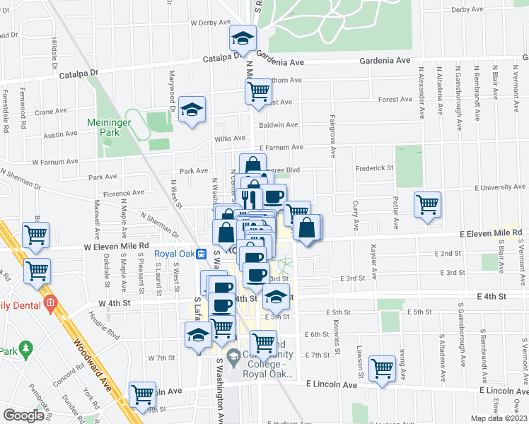 map of restaurants, bars, coffee shops, grocery stores, and more near 308 North Main Street in Royal Oak