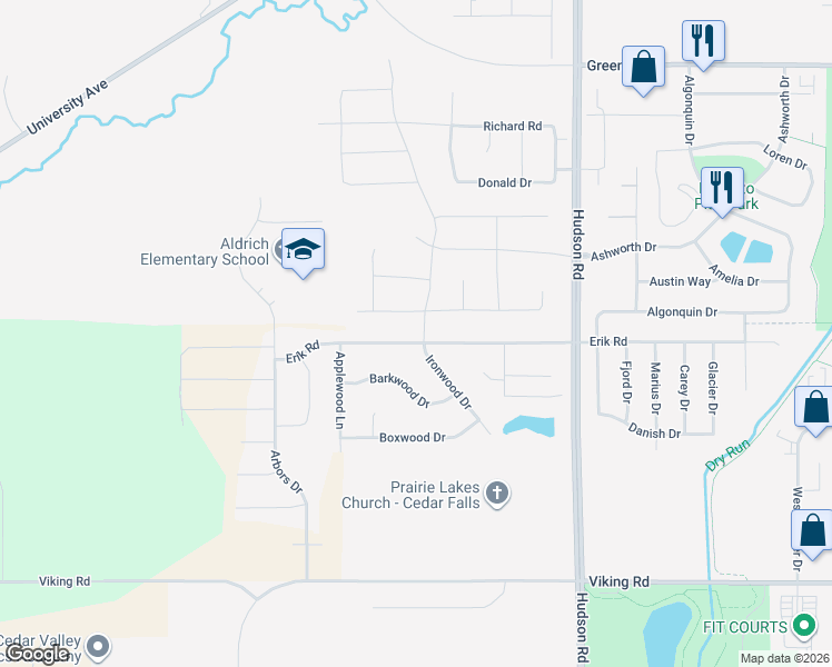 map of restaurants, bars, coffee shops, grocery stores, and more near 5205 Ironwood Drive in Cedar Falls