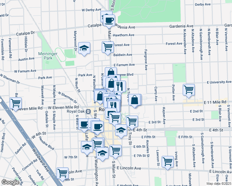 map of restaurants, bars, coffee shops, grocery stores, and more near 350 North Main Street in Royal Oak