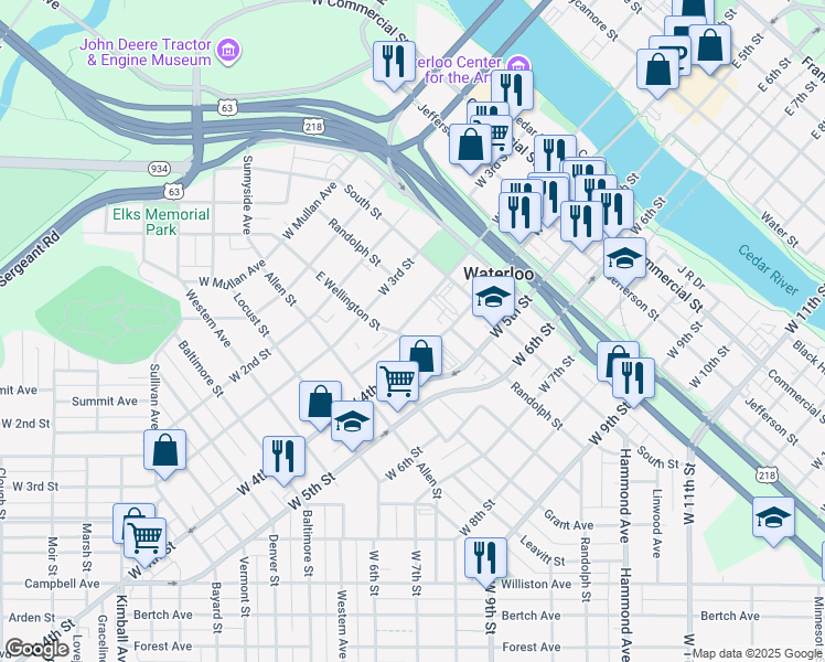 map of restaurants, bars, coffee shops, grocery stores, and more near 800 West 4th Street in Waterloo