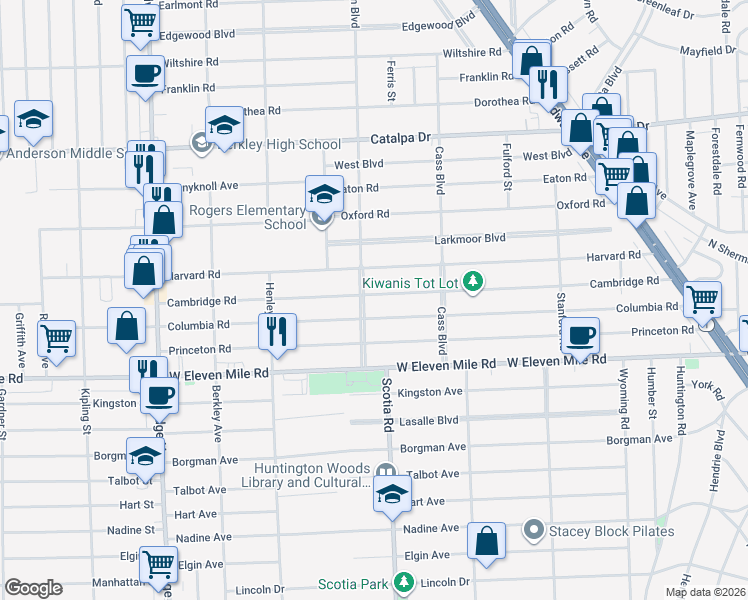 map of restaurants, bars, coffee shops, grocery stores, and more near 1705 Columbia Road in Berkley