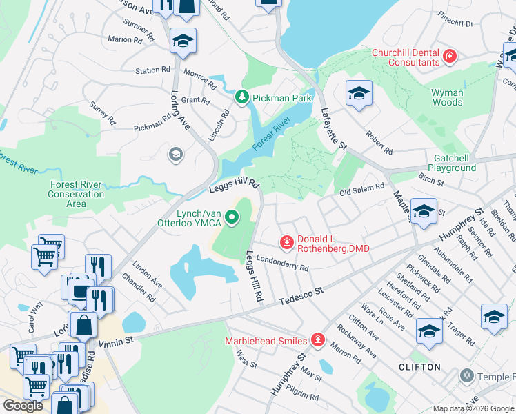 map of restaurants, bars, coffee shops, grocery stores, and more near 62 Leggs Hill Road in Salem