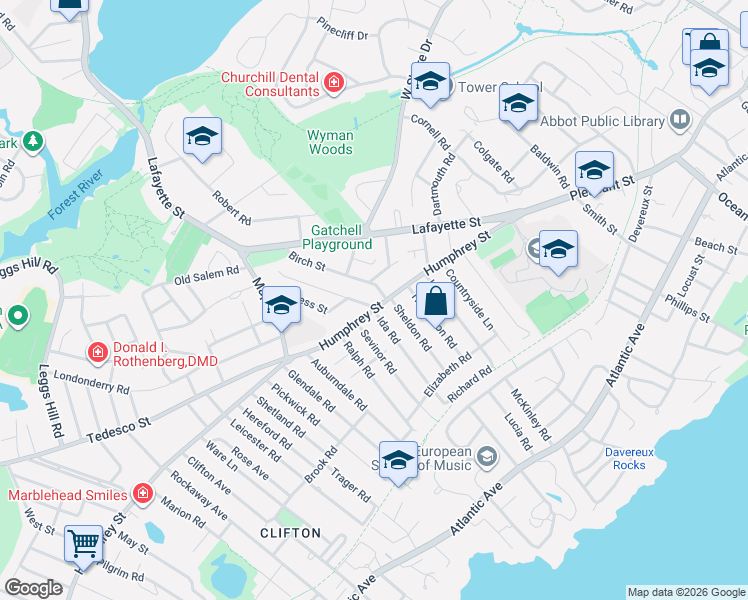 map of restaurants, bars, coffee shops, grocery stores, and more near 74 Humphrey Street in Marblehead
