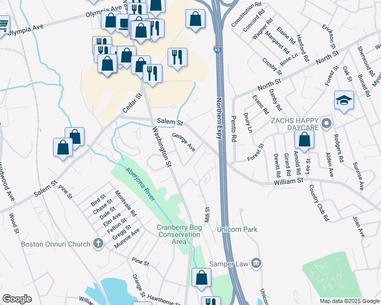map of restaurants, bars, coffee shops, grocery stores, and more near 9 Salem Avenue in Woburn