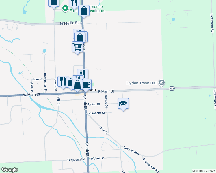 map of restaurants, bars, coffee shops, grocery stores, and more near 1-19 James Street in Dryden