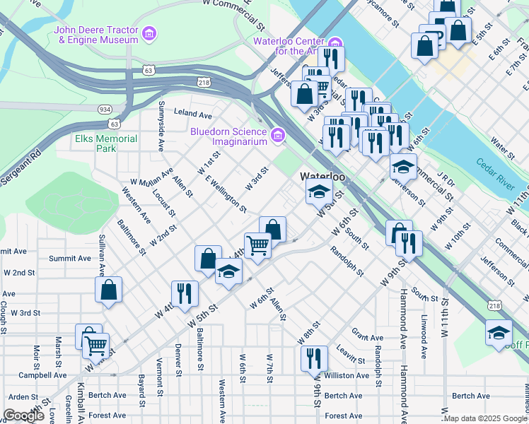 map of restaurants, bars, coffee shops, grocery stores, and more near 800 West 4th Street in Waterloo