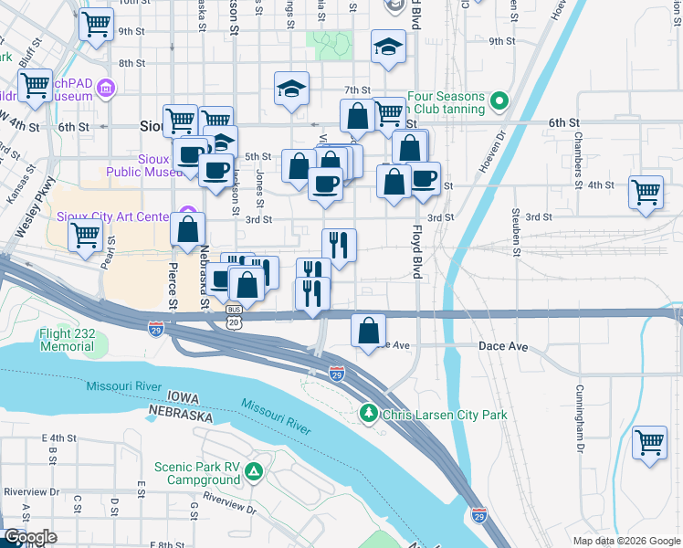 map of restaurants, bars, coffee shops, grocery stores, and more near 100 Virginia Street in Sioux City
