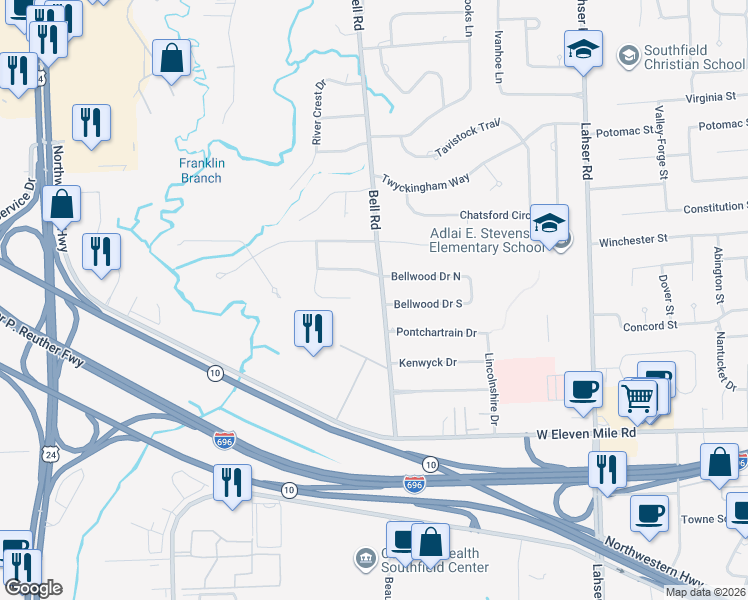 map of restaurants, bars, coffee shops, grocery stores, and more near 27491 Bell Road in Southfield