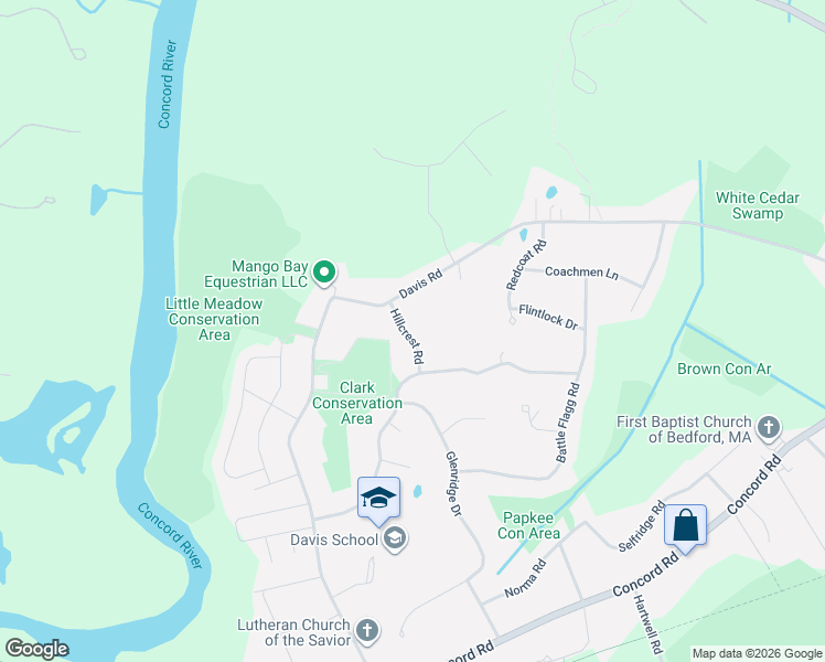 map of restaurants, bars, coffee shops, grocery stores, and more near 15 Hillcrest Road in Bedford