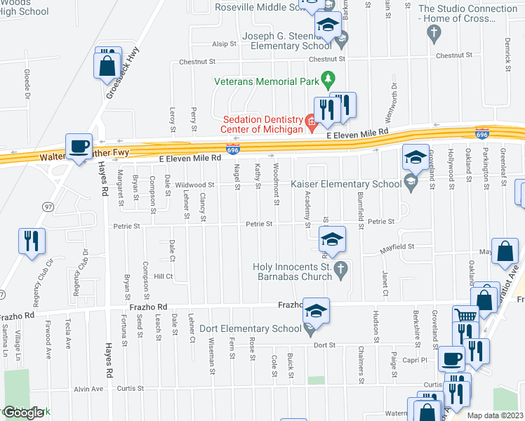 map of restaurants, bars, coffee shops, grocery stores, and more near 26536 Kathy Street in Roseville