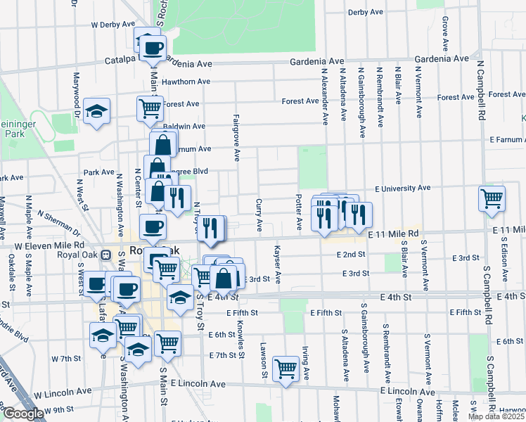 map of restaurants, bars, coffee shops, grocery stores, and more near 202 Curry Avenue in Royal Oak