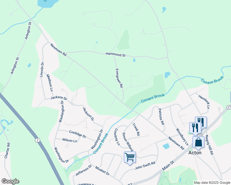 map of restaurants, bars, coffee shops, grocery stores, and more near 8 Evergreen Road in Acton