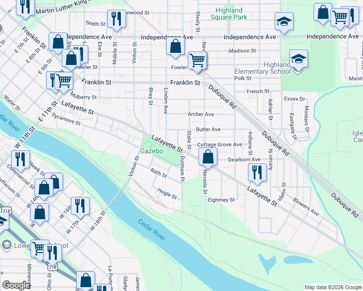 map of restaurants, bars, coffee shops, grocery stores, and more near 231 State Street in Waterloo