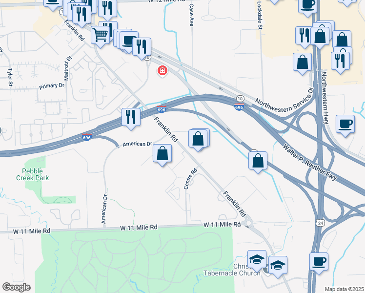 map of restaurants, bars, coffee shops, grocery stores, and more near 27777 Franklin Road in Southfield