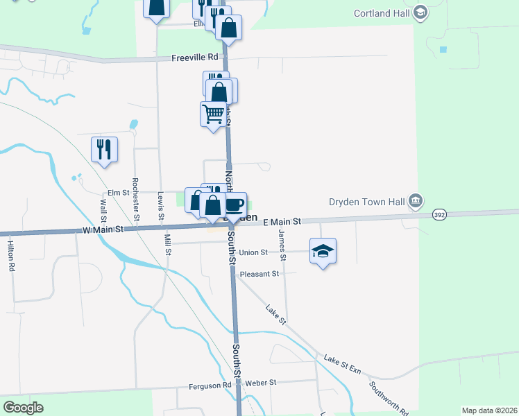 map of restaurants, bars, coffee shops, grocery stores, and more near 19 East Main Street in Cortland