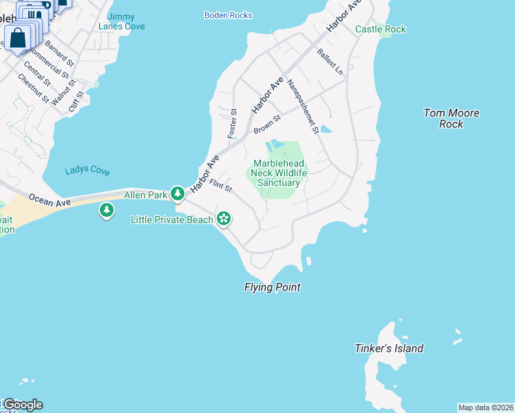 map of restaurants, bars, coffee shops, grocery stores, and more near 16 Flint Street in Marblehead