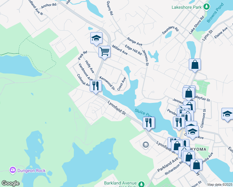 map of restaurants, bars, coffee shops, grocery stores, and more near 89 Kernwood Drive in Lynn