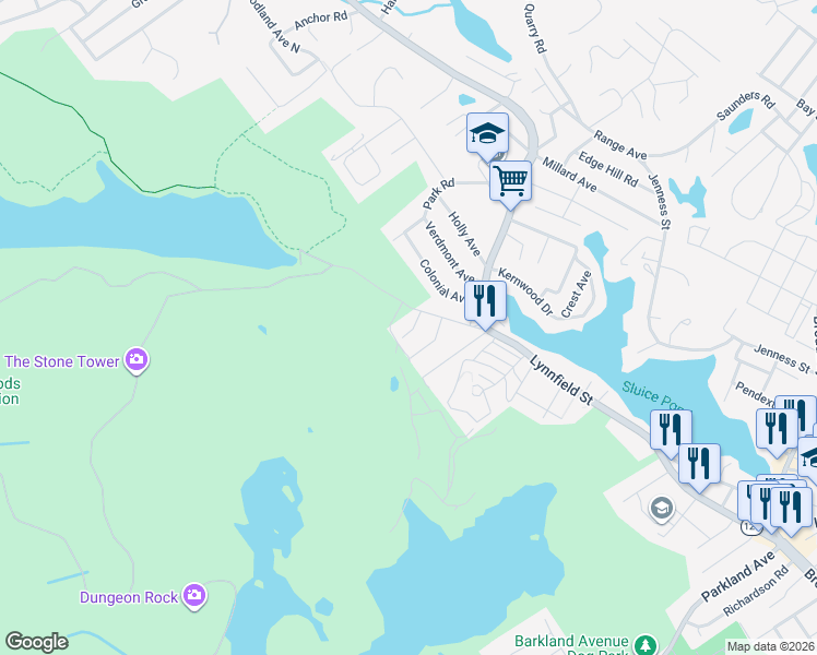 map of restaurants, bars, coffee shops, grocery stores, and more near 60 Great Woods Road in Lynn