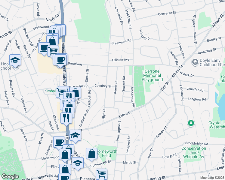 map of restaurants, bars, coffee shops, grocery stores, and more near 3 Cowdrey Street in Stoneham