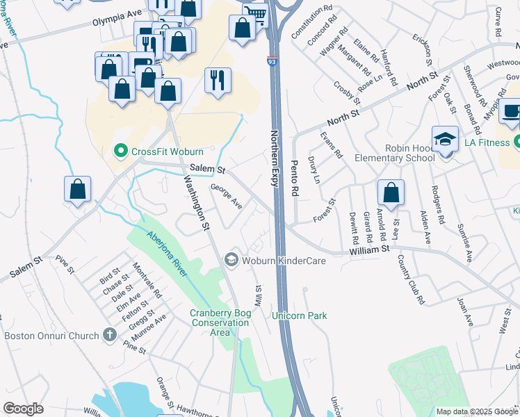 map of restaurants, bars, coffee shops, grocery stores, and more near 388 Salem Street in Woburn