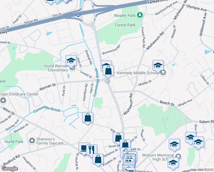 map of restaurants, bars, coffee shops, grocery stores, and more near 675 Massachusetts 38 in Woburn