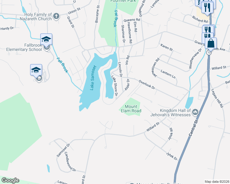 map of restaurants, bars, coffee shops, grocery stores, and more near 100 Lake Shore Drive in Leominster