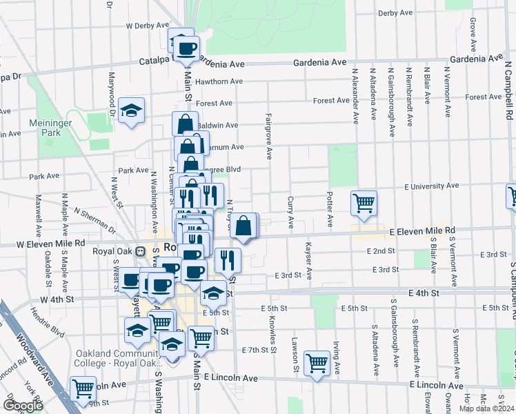 map of restaurants, bars, coffee shops, grocery stores, and more near 329 East University Avenue in Royal Oak