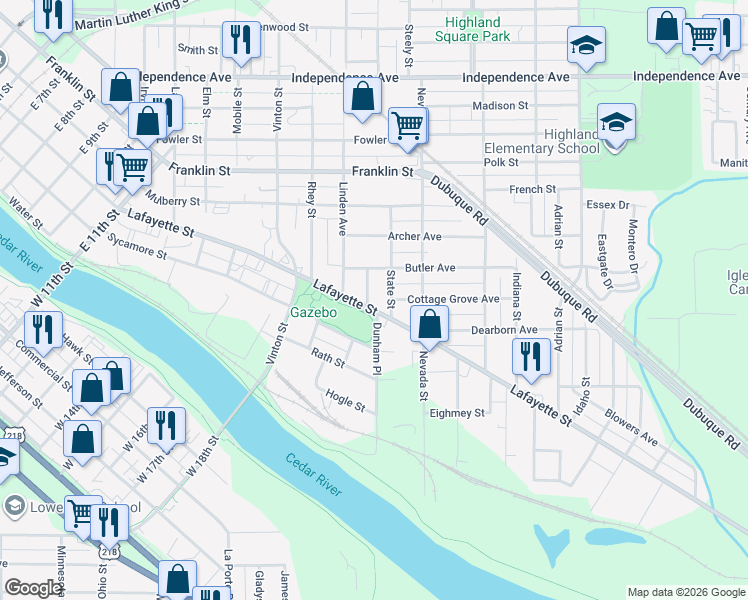 map of restaurants, bars, coffee shops, grocery stores, and more near 231 State Street in Waterloo