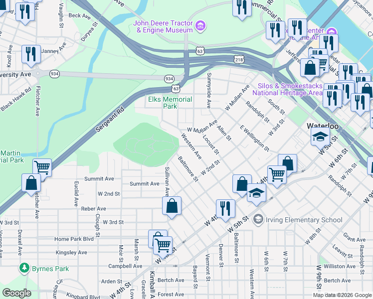 map of restaurants, bars, coffee shops, grocery stores, and more near 226 Elmwood Street in Waterloo
