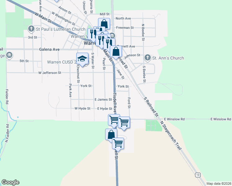 map of restaurants, bars, coffee shops, grocery stores, and more near 415 Tisdell Avenue in Warren