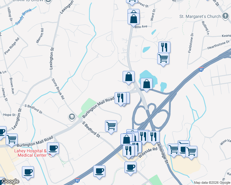 map of restaurants, bars, coffee shops, grocery stores, and more near 20 Burlington Mall Road in Burlington