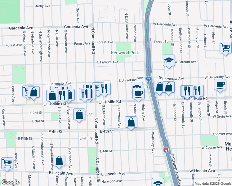 map of restaurants, bars, coffee shops, grocery stores, and more near 300 North Kenwood Avenue in Royal Oak