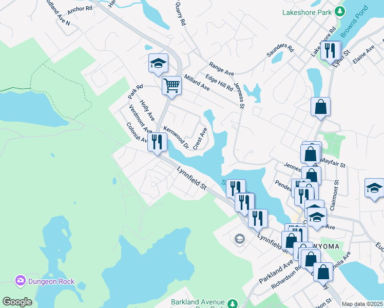 map of restaurants, bars, coffee shops, grocery stores, and more near 89 Kernwood Drive in Lynn