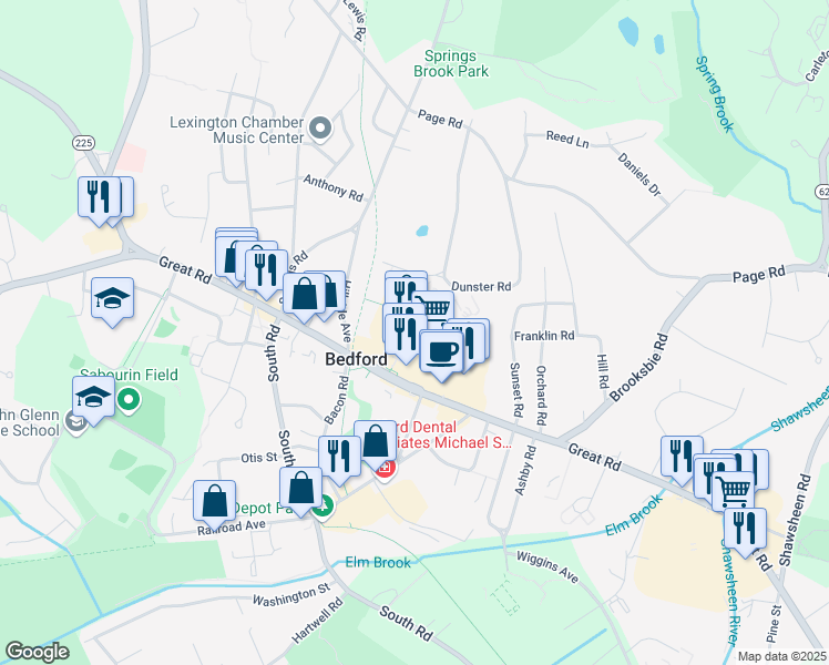 map of restaurants, bars, coffee shops, grocery stores, and more near 160 Great Road in Bedford