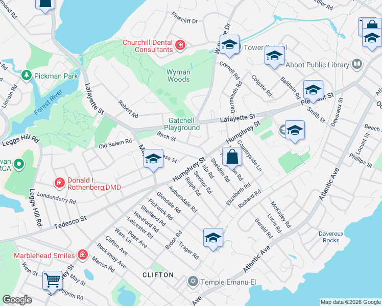 map of restaurants, bars, coffee shops, grocery stores, and more near 23 Oak Street in Marblehead