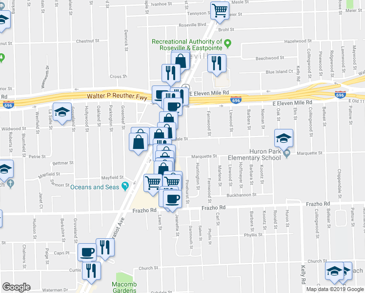 map of restaurants, bars, coffee shops, grocery stores, and more near 17841 Glendale Street in Roseville