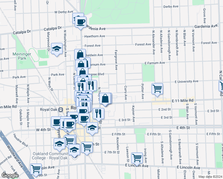 map of restaurants, bars, coffee shops, grocery stores, and more near 329 East University Avenue in Royal Oak