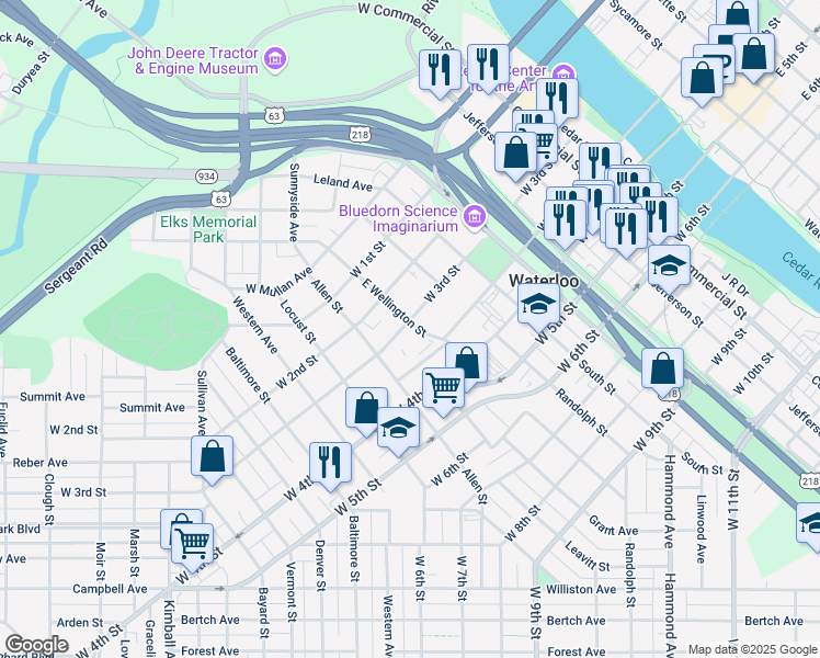 map of restaurants, bars, coffee shops, grocery stores, and more near 731 West 3rd Street in Waterloo