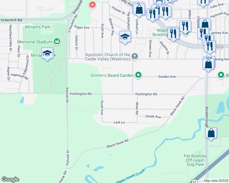 map of restaurants, bars, coffee shops, grocery stores, and more near 1802 Huntington Road in Waterloo